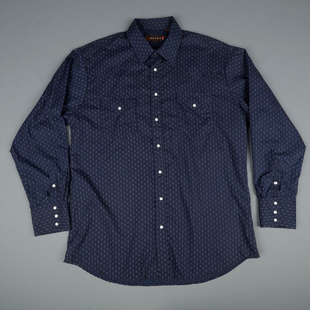 Roper Mens XL Pearl Snap Long Sleeve Button Down Shirt Western Blue